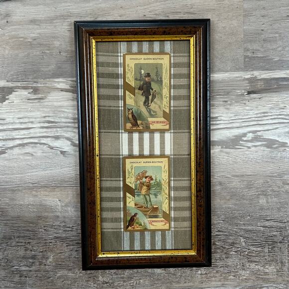 Antique French Chocolat Guérin-Boutron Trade Cards in Framed Plaid Mat - Picture 1 of 6